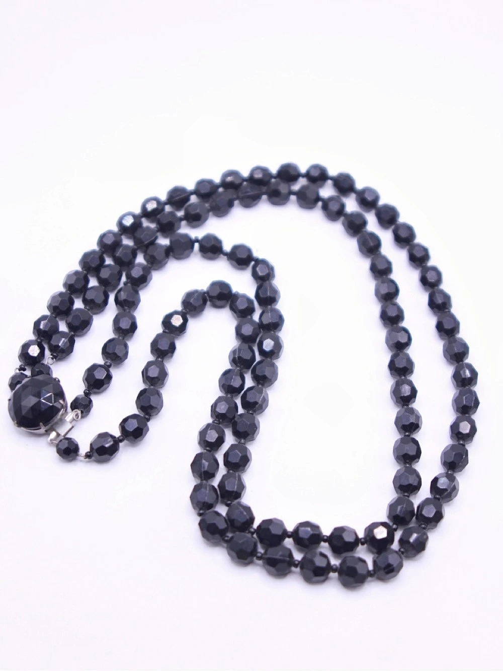 Vintage West Germany Black Faceted Acrylic Bead Necklace Push in Clasp